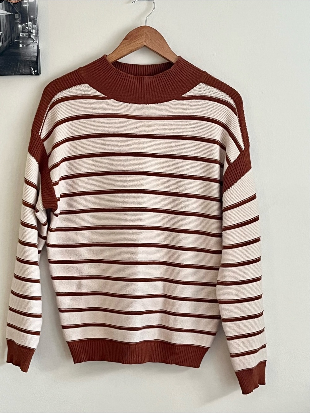 Pink Martini Oversized Burgundy & Cream Striped Knit Sweater XS PTP 21 inch - Picture 3 of 8